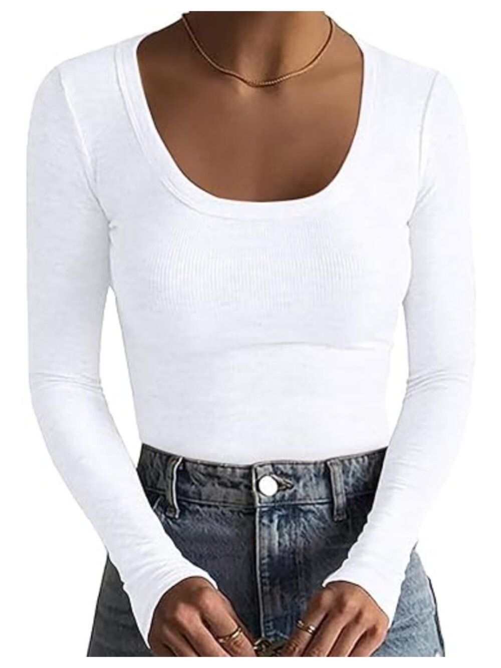 Ribbed Knit Slim Fit Long Sleeve Scoop Neck T-Shirt Stretch Basic Tee